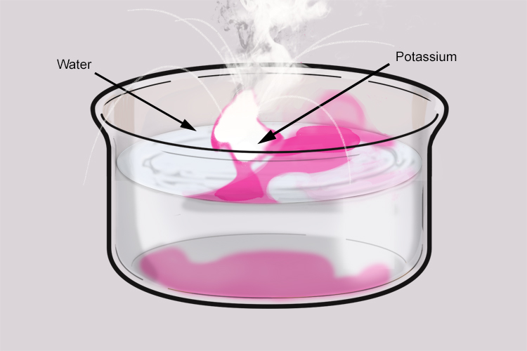 Potassium reacts violently with water giving off rapid amounts of hydrogen, heat and light